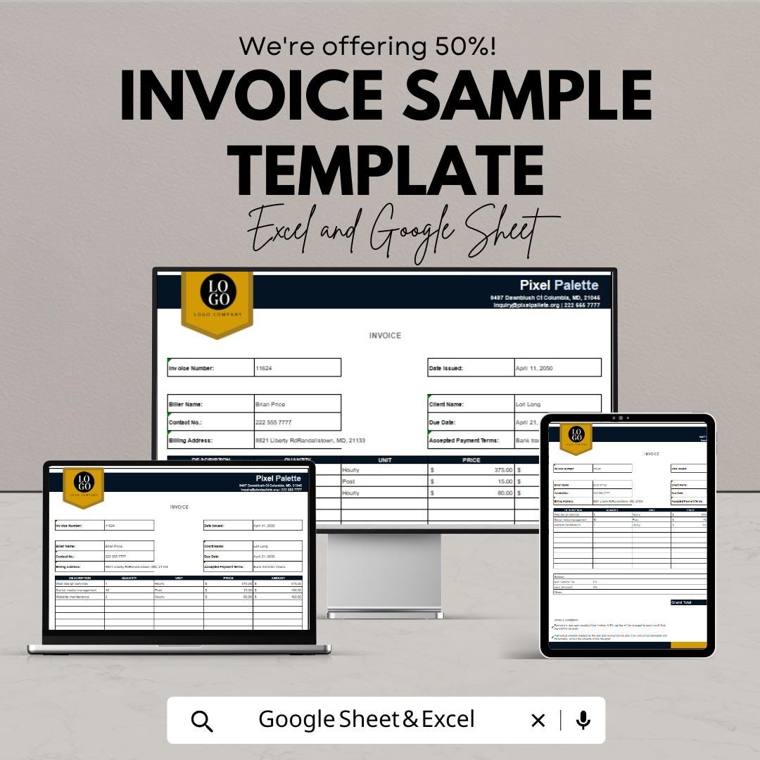 Invoice Sample Template | Business Invoice Format | Editable Billing Template | Service Invoice | Printable Excel Sheet