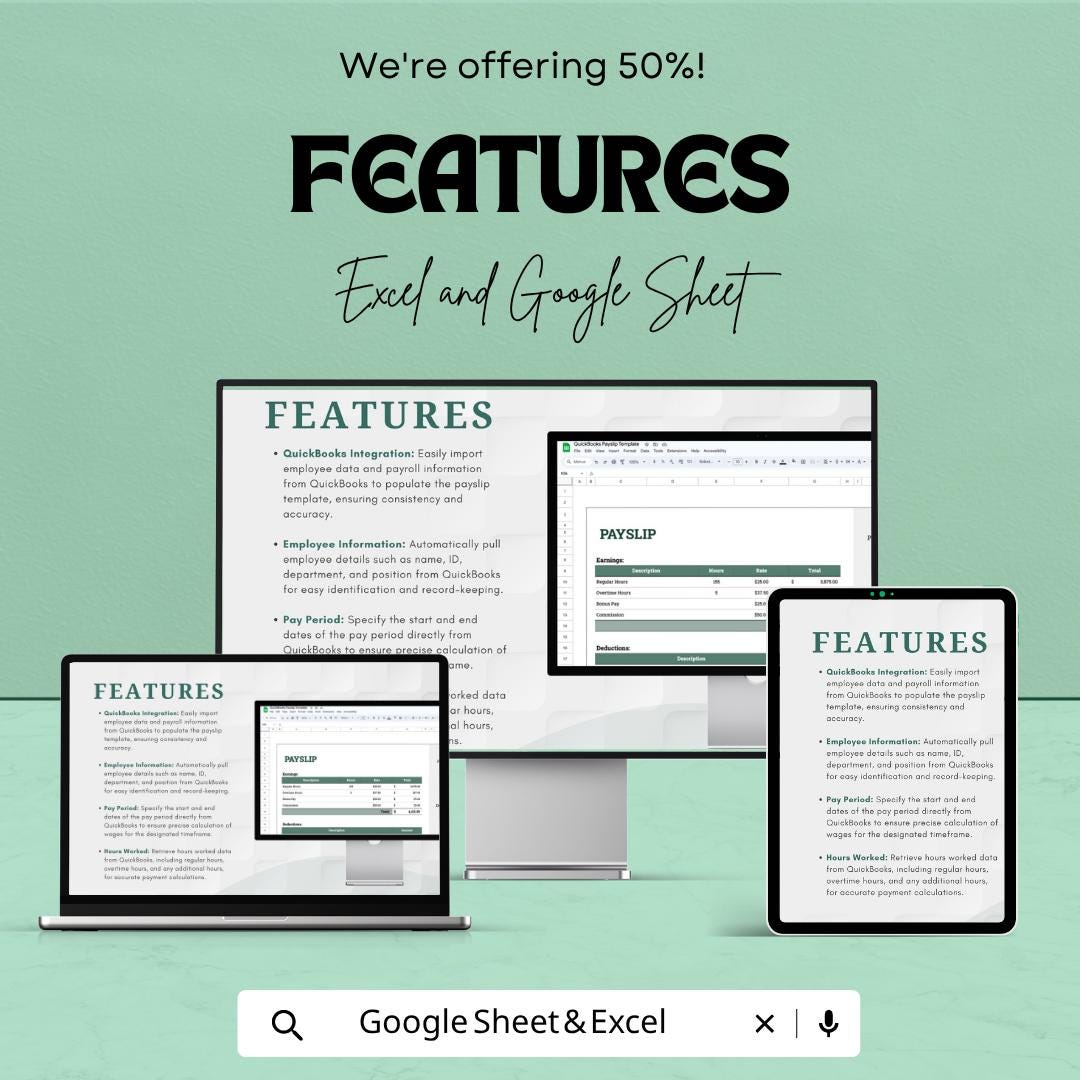 QuickBooks Payslip Template | Payroll Payslip Spreadsheet | Employee Salary Slip Tracker | Excel & Google Sheets | Business Payroll
