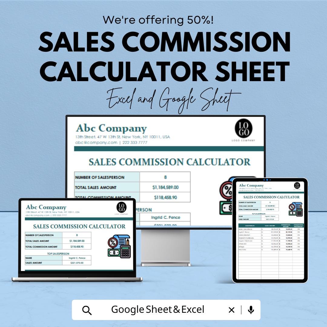 Sales Commission Calculator Sheet for Excel and Google Sheets | Track Sales & Calculate Commissions | Financial Tool for Sales Teams