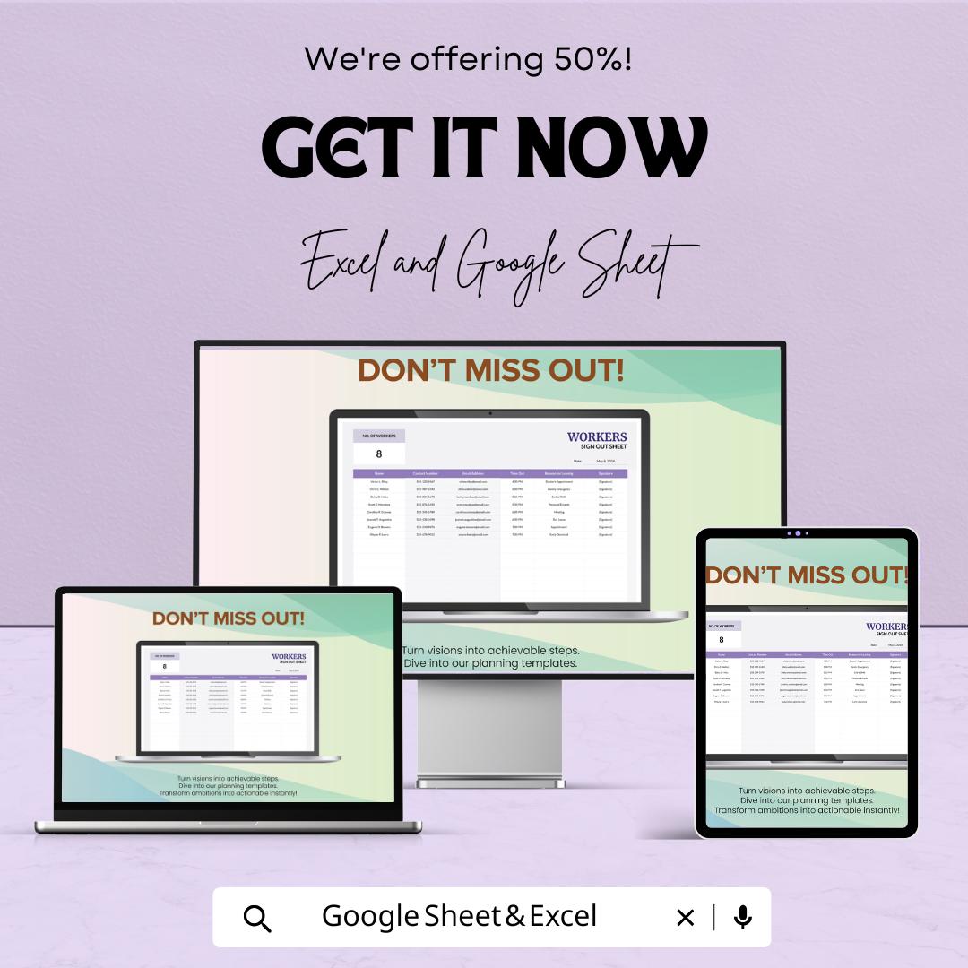 Workers Sign Out Sheet - Excel & Google Sheets Template | 50% Off | Employee Sign-In/Sign-Out Tracker