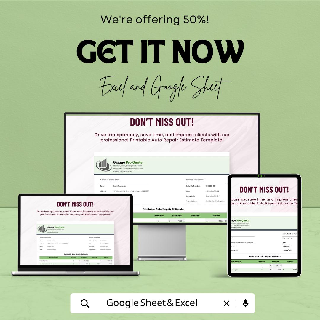 Printable Auto Repair Estimate Template | Garage Repair Quote Spreadsheet | Mechanic Service Estimate Form | Auto Shop Invoice Tracker |