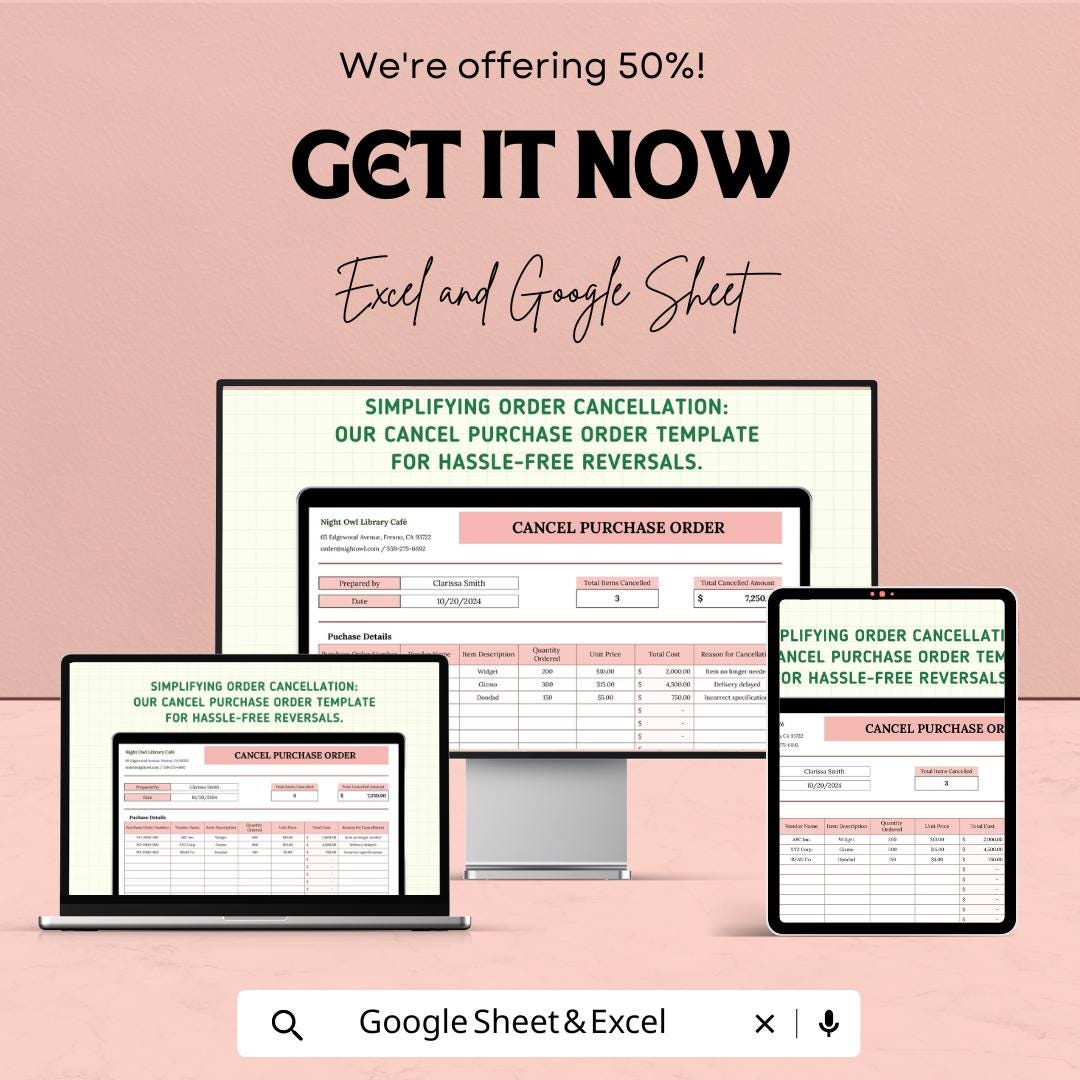 Cancel Purchase Order Sheet - Editable Excel & Google Sheet Template for Easy Order Cancellations