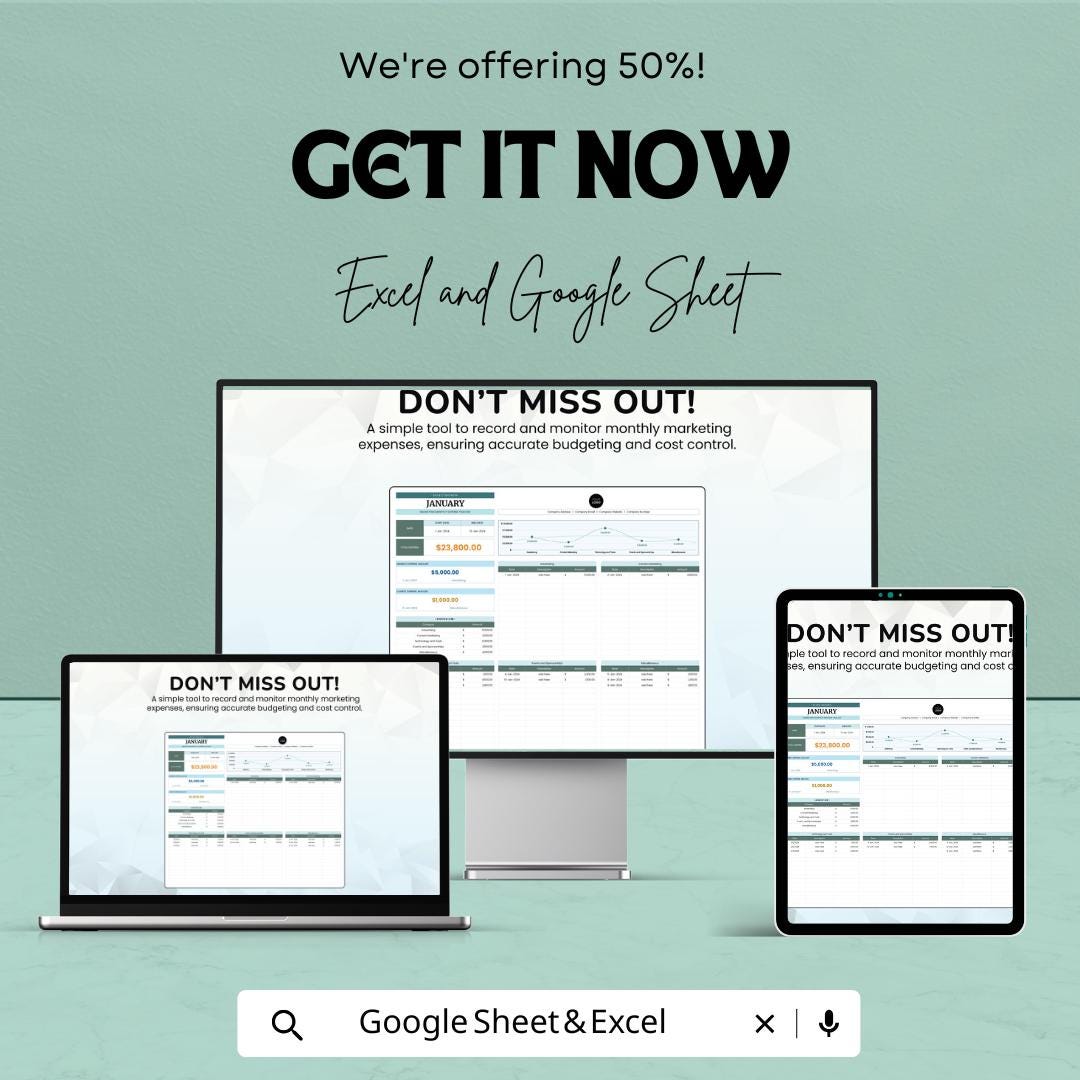 Marketing Monthly Expense Tracker Template | Business Budget Planner | Marketing Cost Tracker | Monthly Expense Spreadsheet
