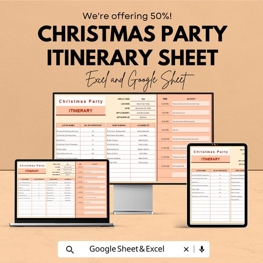 Christmas Party Itinerary Sheet – Plan Your Festive Event | Editable Excel & Google Sheets Template | Customizable Christmas Party Planner