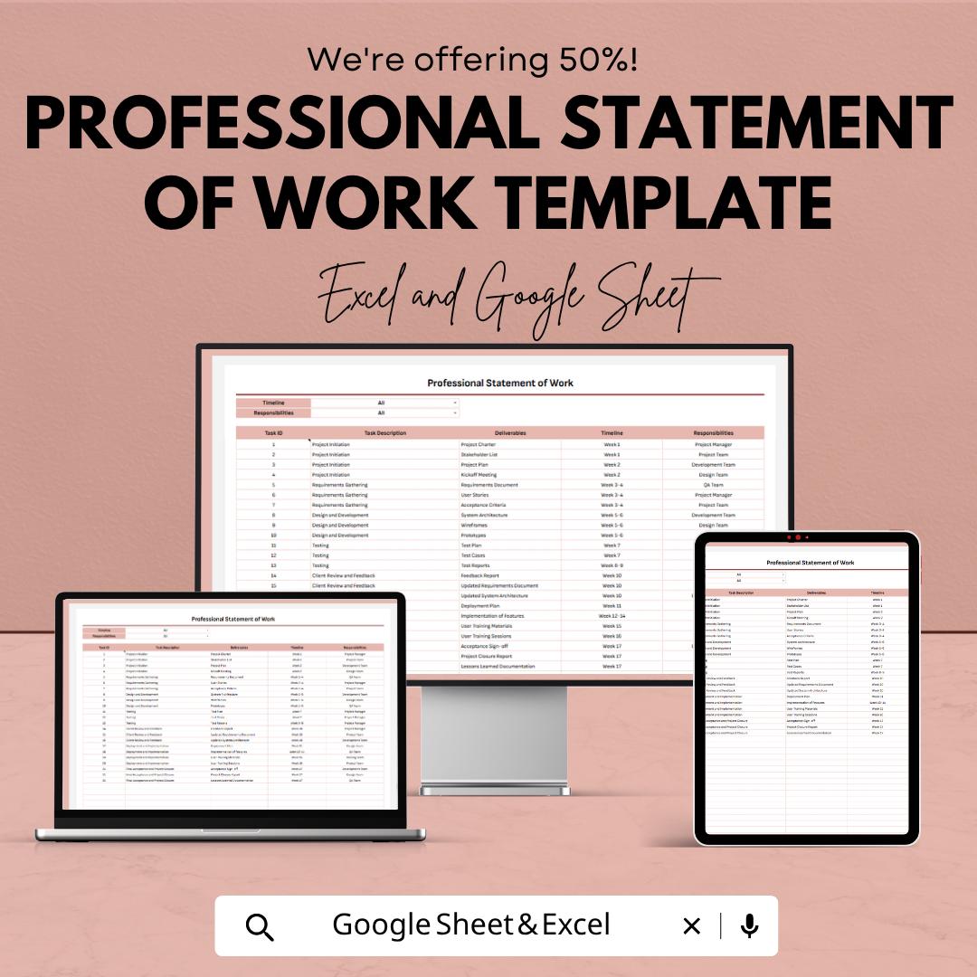 Professional Statement of Work Template | SOW Template | Scope of Work Template | Project Plan Template