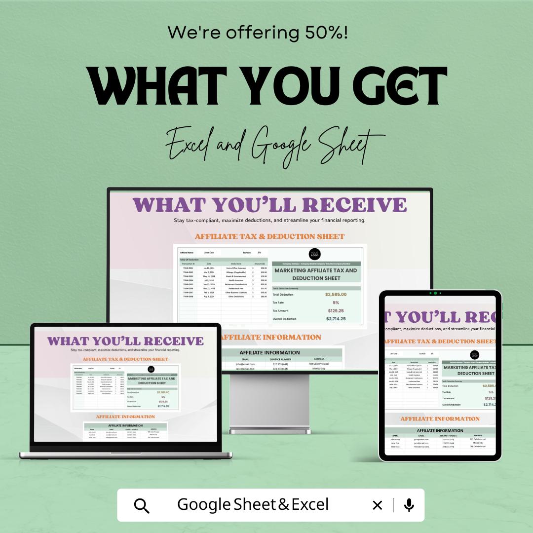 Marketing Affiliate Tax and Deduction Sheet Template | Affiliate Tax Tracker | Tax Deduction Spreadsheet | Excel & Google Sheets Template |