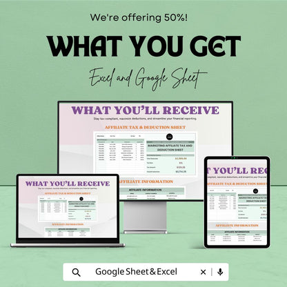 Marketing Affiliate Tax and Deduction Sheet Template | Affiliate Tax Tracker | Tax Deduction Spreadsheet | Excel & Google Sheets Template |