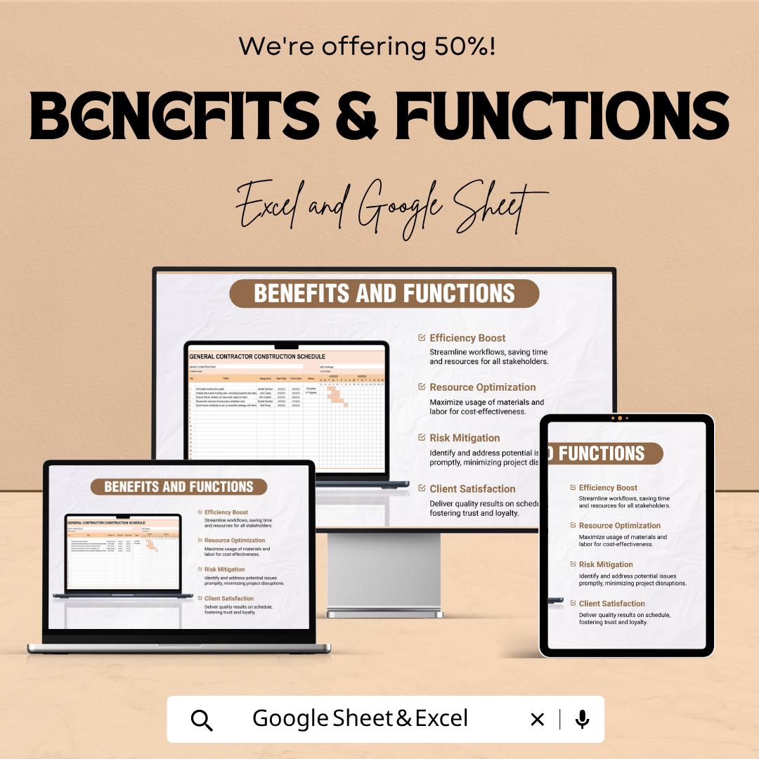 General Contractor Construction Schedule Template | Project Timeline Planner | Gantt Chart Tracker