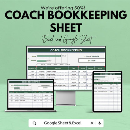Coach Bookkeeping Template Google Sheet & Excel | Finance Tracker for Coaches | Coaching Business Expense Income Spreadsheet | 50% OFF