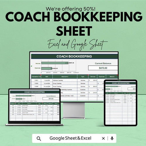 Coach Bookkeeping Template Google Sheet & Excel | Finance Tracker for Coaches | Coaching Business Expense Income Spreadsheet | 50% OFF