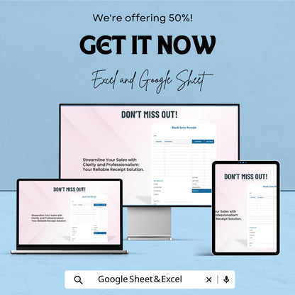 Simple Blank Sales Receipt Sheet - Excel & Google Sheets Template | Easily Track Sales and Payments | 50% Off