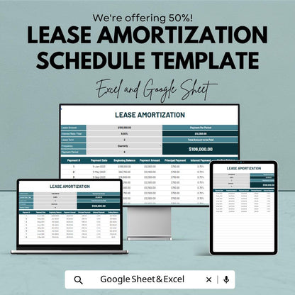 Lease Amortization Schedule Template | Lease Payment Calculator Spreadsheet | Loan Amortization Table | Financial Planning Tool