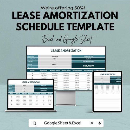 Lease Amortization Schedule Template | Lease Payment Calculator Spreadsheet | Loan Amortization Table | Financial Planning Tool