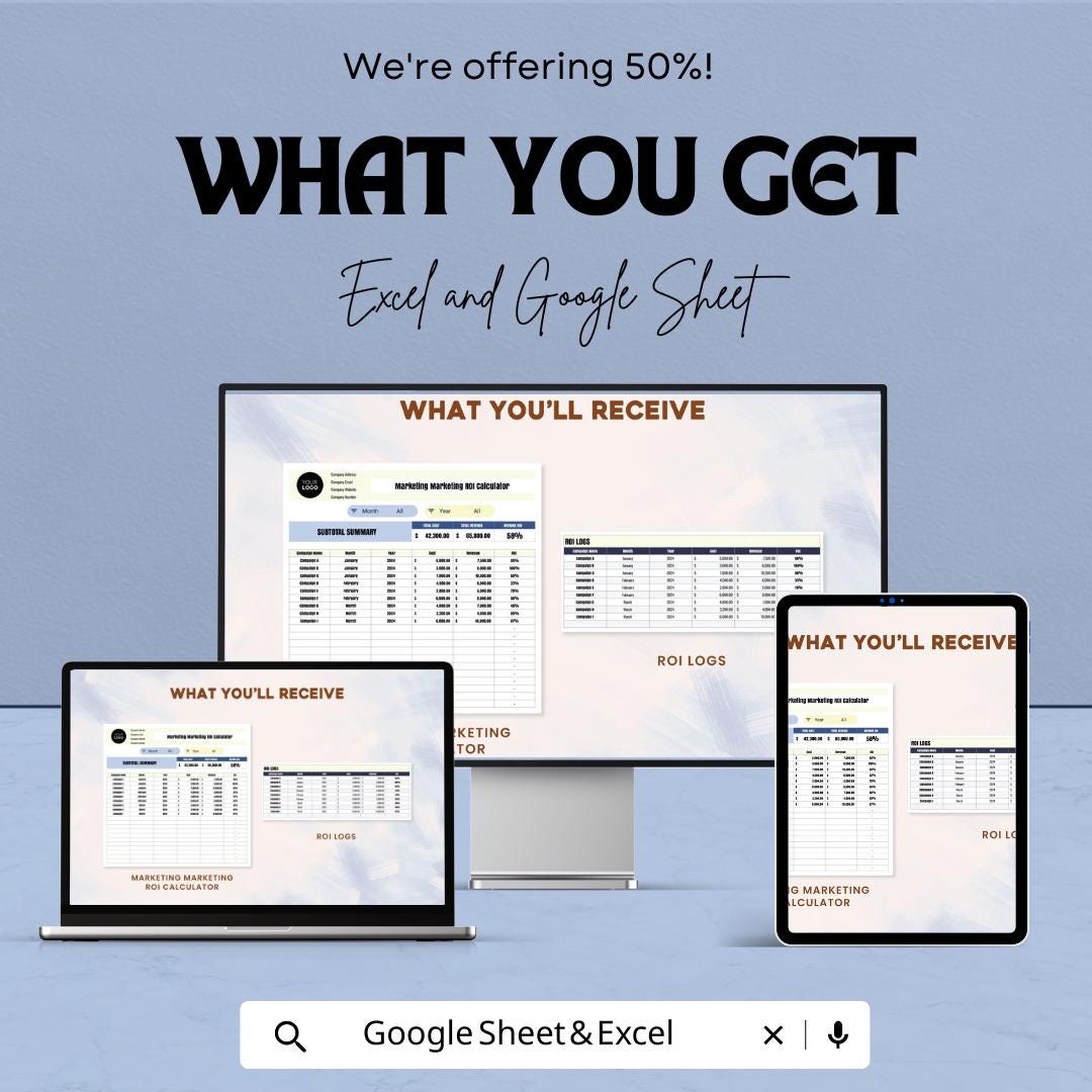 Marketing ROI Calculator Template | Marketing Budget Planner | ROI Tracker | Campaign Performance Analyzer | Business Finance Spreadsheet
