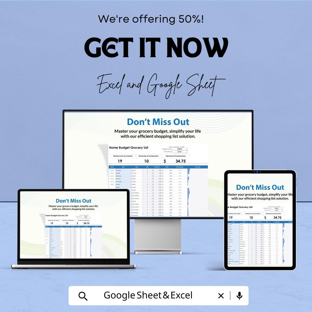 Home Budget Grocery List Template - Excel and Google Sheets | Budget Tracker & Grocery Shopping Organizer