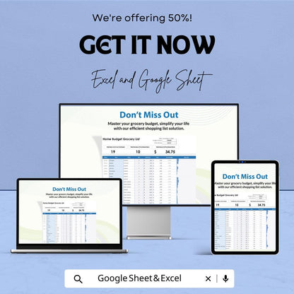 Home Budget Grocery List Template - Excel and Google Sheets | Budget Tracker & Grocery Shopping Organizer