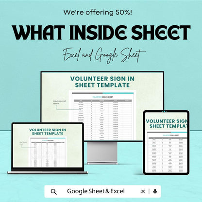 Volunteer Sign-In Sheet | Excel and Google Sheet Template | Track Volunteer Hours & Activities | 50% Off