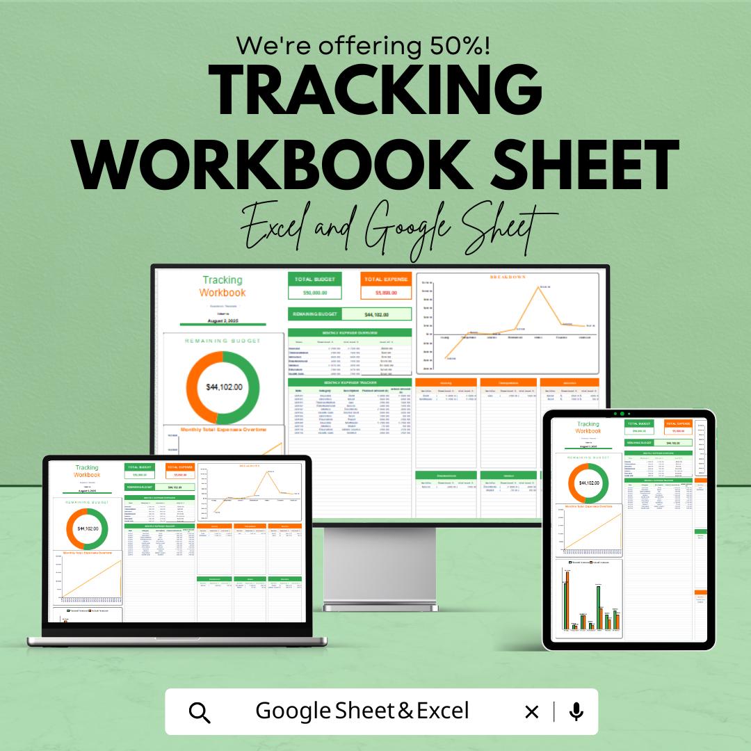 Tracking Workbook Sheet | Excel & Google Sheets | Budget Expense Tracker | Automated Dashboard | Finance Management Template