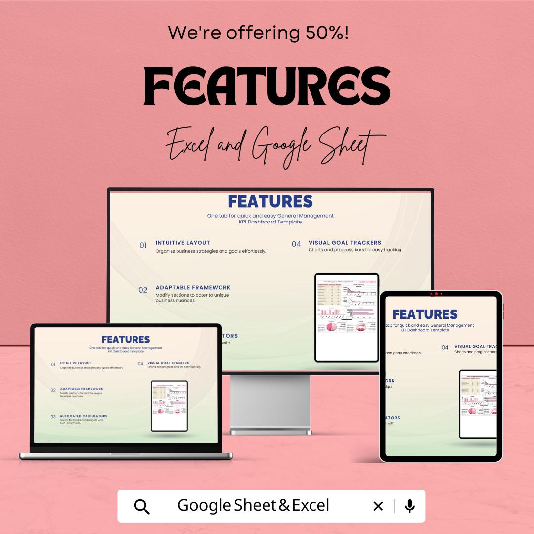 General Management KPI Dashboard Template | Google Sheets | Track Business Performance & Strategy | Monthly and Annual KPI Calculator