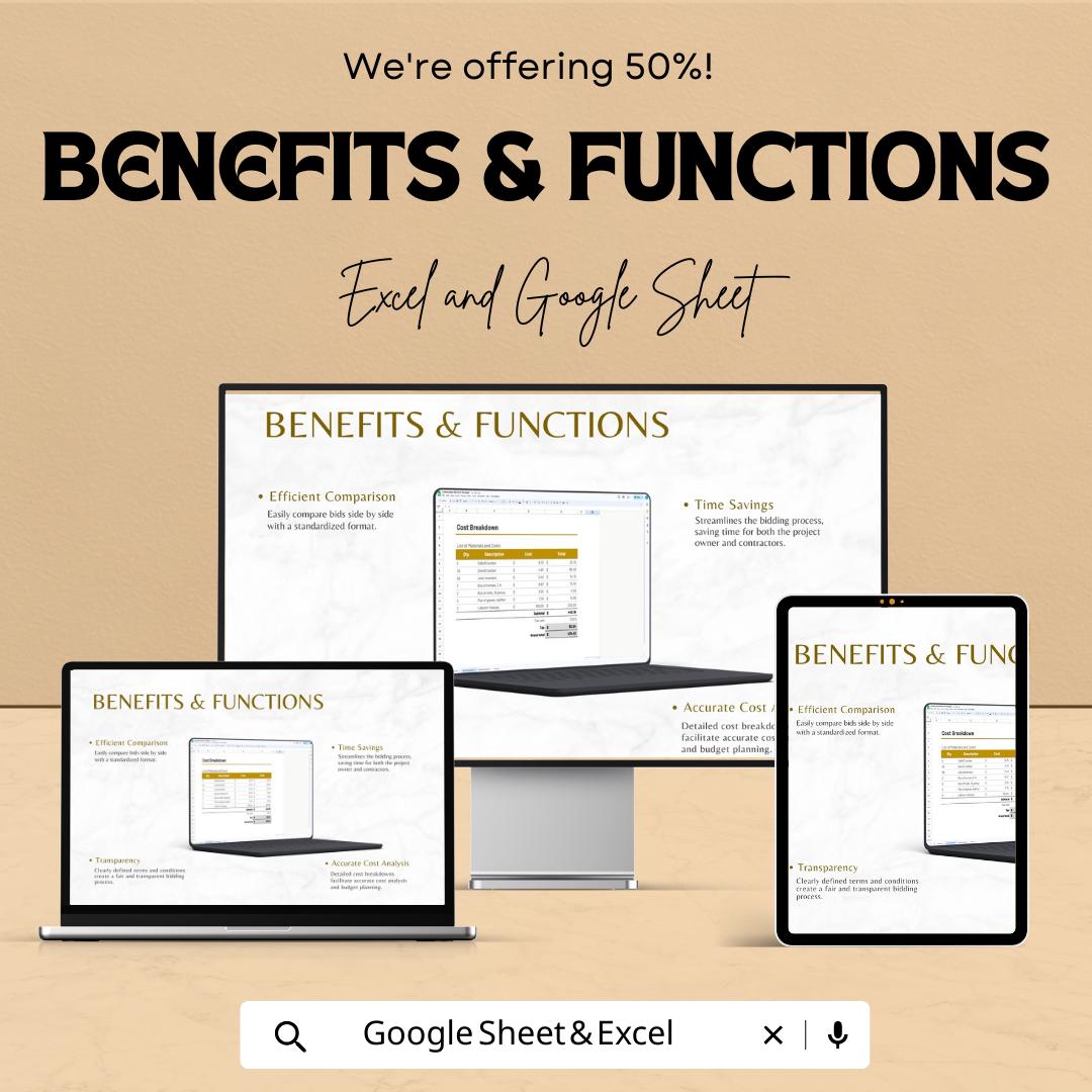 Construction Bid Form Template | Contractor Bid Sheet | Project Bid Proposal Template | Cost Breakdown Spreadsheet | Excel Google Sheets