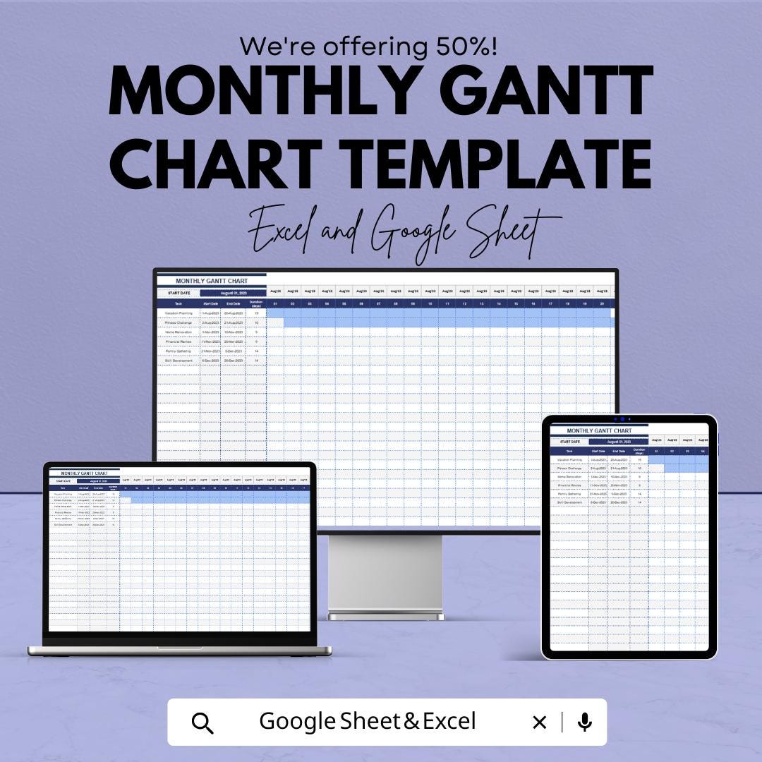 Monthly Gantt Chart Template for Excel & Google Sheets | Editable Project Planner | Task Timeline and Progress Tracker