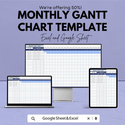 Monthly Gantt Chart Template for Excel & Google Sheets | Editable Project Planner | Task Timeline and Progress Tracker