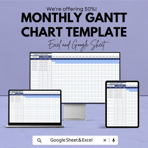 Monthly Gantt Chart Template for Excel & Google Sheets | Editable Project Planner | Task Timeline and Progress Tracker