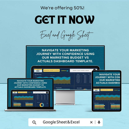 Marketing Budget vs Actuals Dashboard for Excel and Google Sheets | Track Marketing Spend & Performance | Budget vs Actuals Tracking Tool