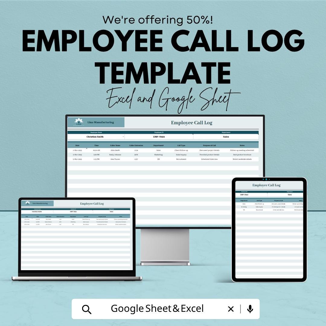 Employee Call Log Template | HR Communication Tracker | Staff Call Record Sheet | Excel & Google Sheets | Employee Interaction Log