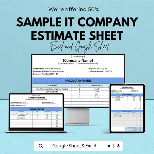 Sample IT Company Estimate Sheet – Excel and Google Sheets – Product & Labor Expense Breakdown – Customizable Template for Businesses