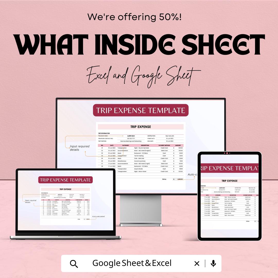 Trip Expense Sheet - Travel Budget Tracker for Business, Personal Trips - Google Sheets & Excel Template