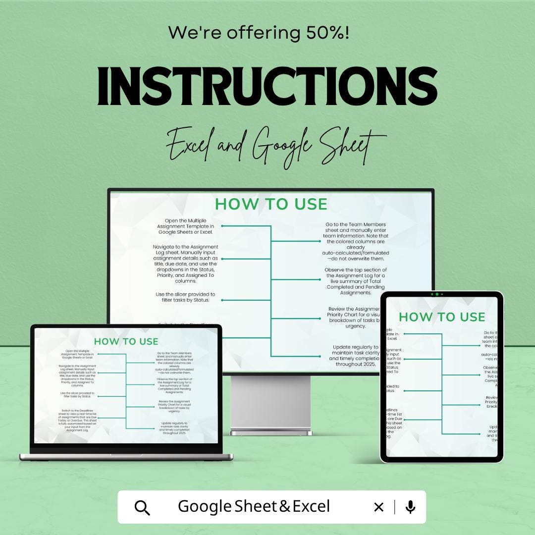 Multiple Assignment Template | Assignment Tracker Spreadsheet | Student Homework Planner | Excel & Google Sheets | Study Organizer Sheet