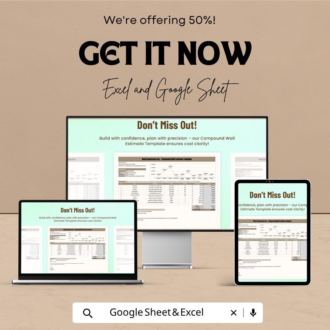 Compound Wall Estimate Template | Construction Cost Estimate Spreadsheet | Contractor Quote Template | Excel & Google Sheets Builder Tool
