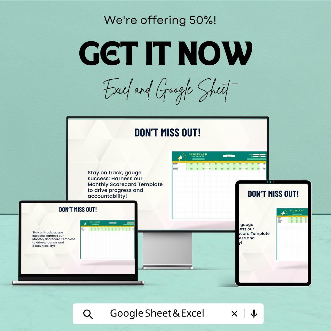 Monthly Scorecard Template | Performance Dashboard Spreadsheet | KPI Tracker Template | Business Performance Tracker