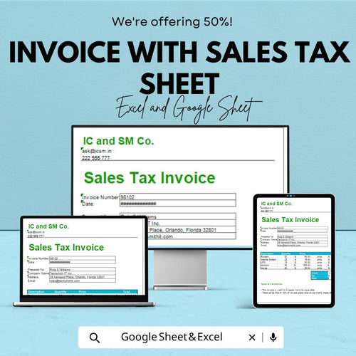 Invoice with Sales Tax Template Sheet - Editable Excel and Google Sheet | Simple & Professional Sales Invoice for Small Businesses