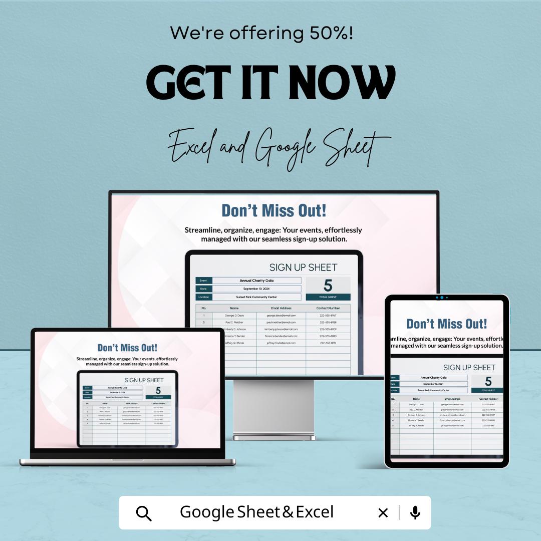 Event Sign Up Sheet Template | Event Registration Form | Attendance Tracker | Excel & Google Sheets