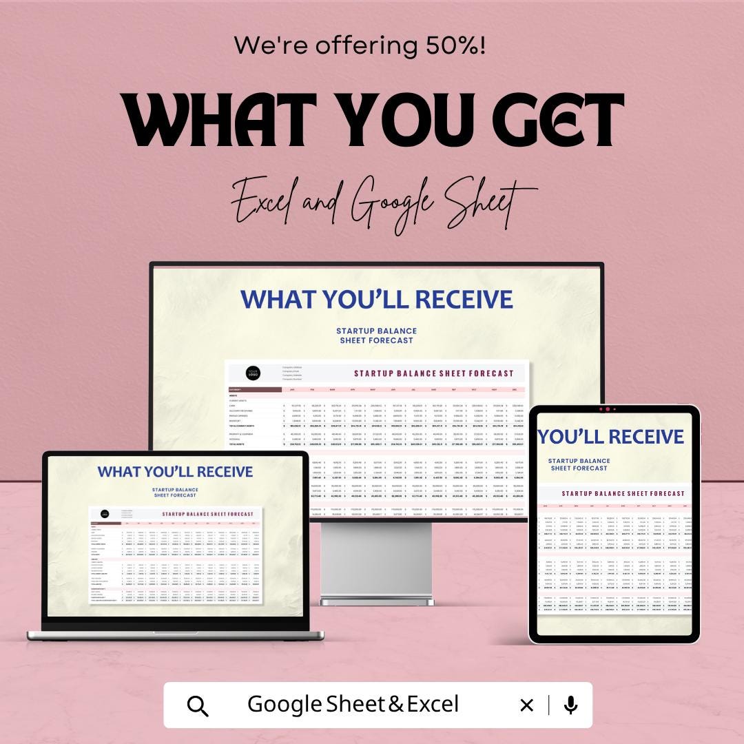 Startup Balance Sheet Forecast Template | Financial Projection Spreadsheet | Business Forecast Template | Startup Finance Template |