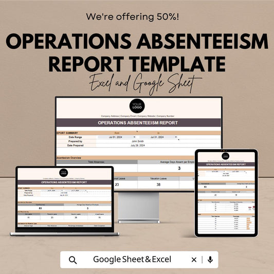 Operations Absenteeism Report Template | Employee Absence Tracker | HR Attendance Report | Excel & Google Sheets