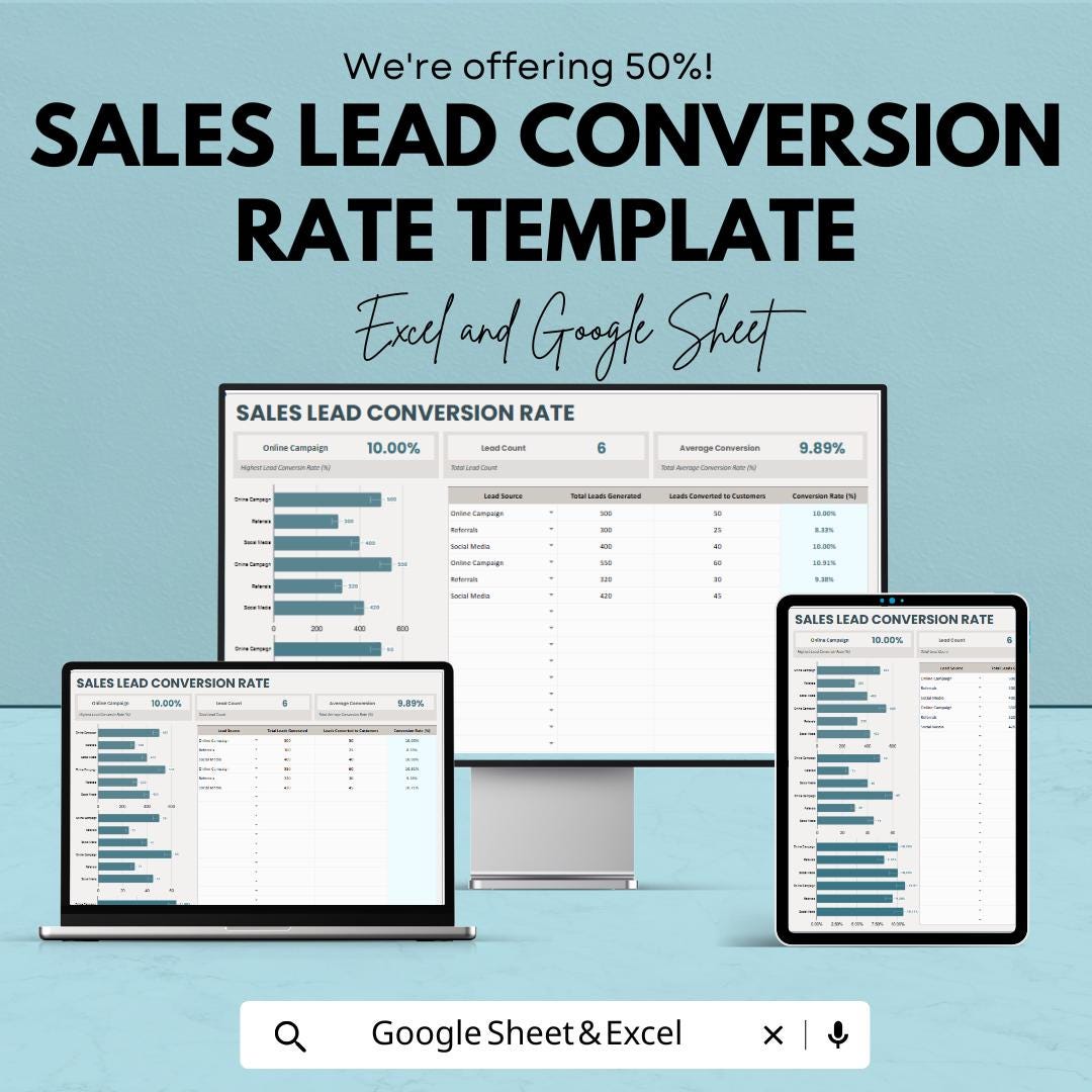 Sales Lead Conversion Rate Template | Excel & Google Sheets | Lead Tracking Spreadsheet | Sales Funnel Metrics | Conversion Tracker