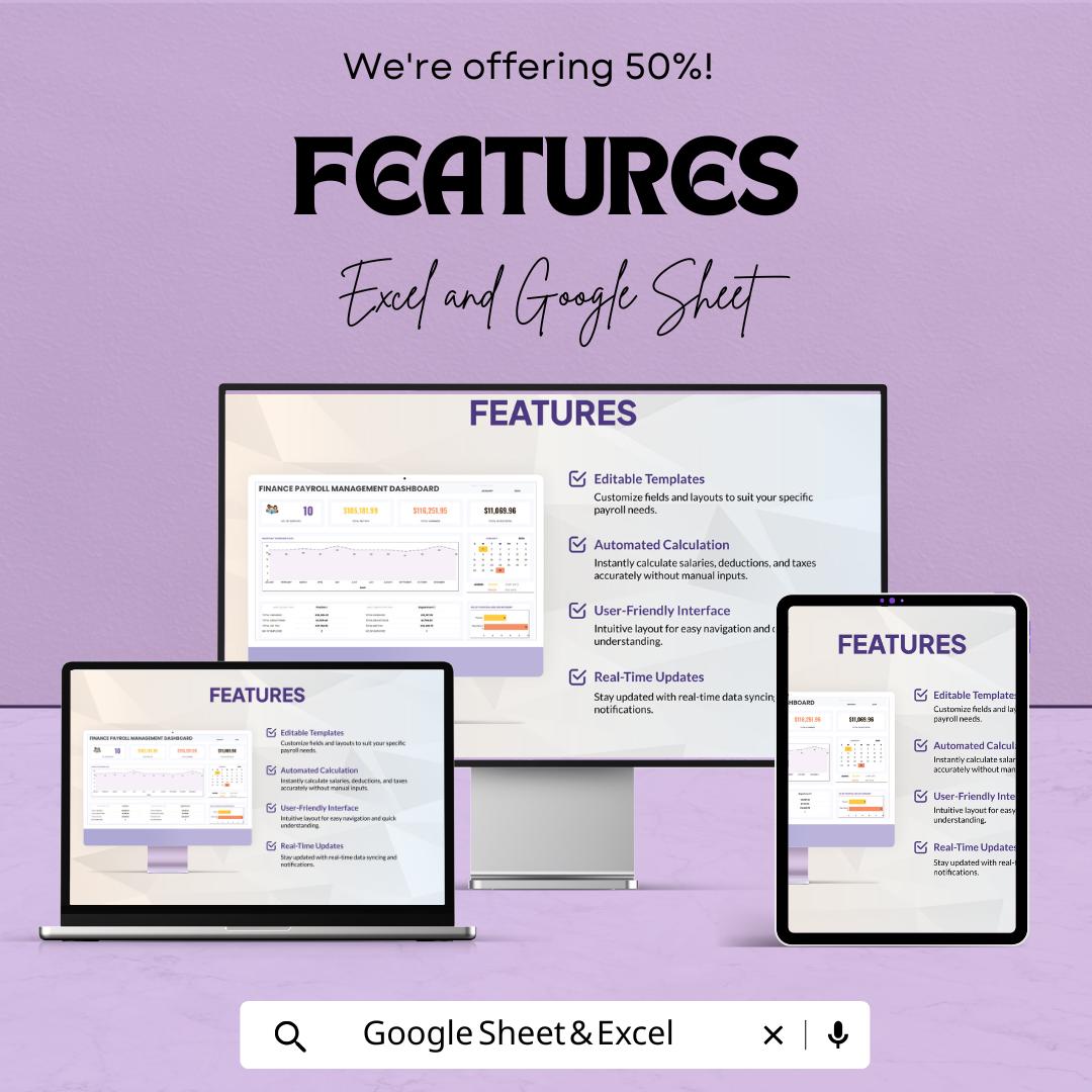 Finance Payroll Management Dashboard Template | Payroll Tracker | Employee Salary & Deduction Log | Business HR Spreadsheet