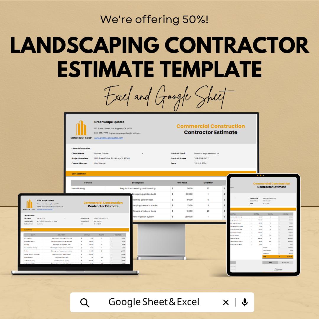 Landscaping Estimate Template | Landscaping Contractor Estimate Spreadsheet | Lawn Care Bid Proposal Template