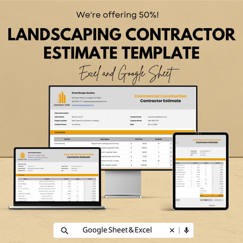 Landscaping Estimate Template | Landscaping Contractor Estimate Spreadsheet | Lawn Care Bid Proposal Template