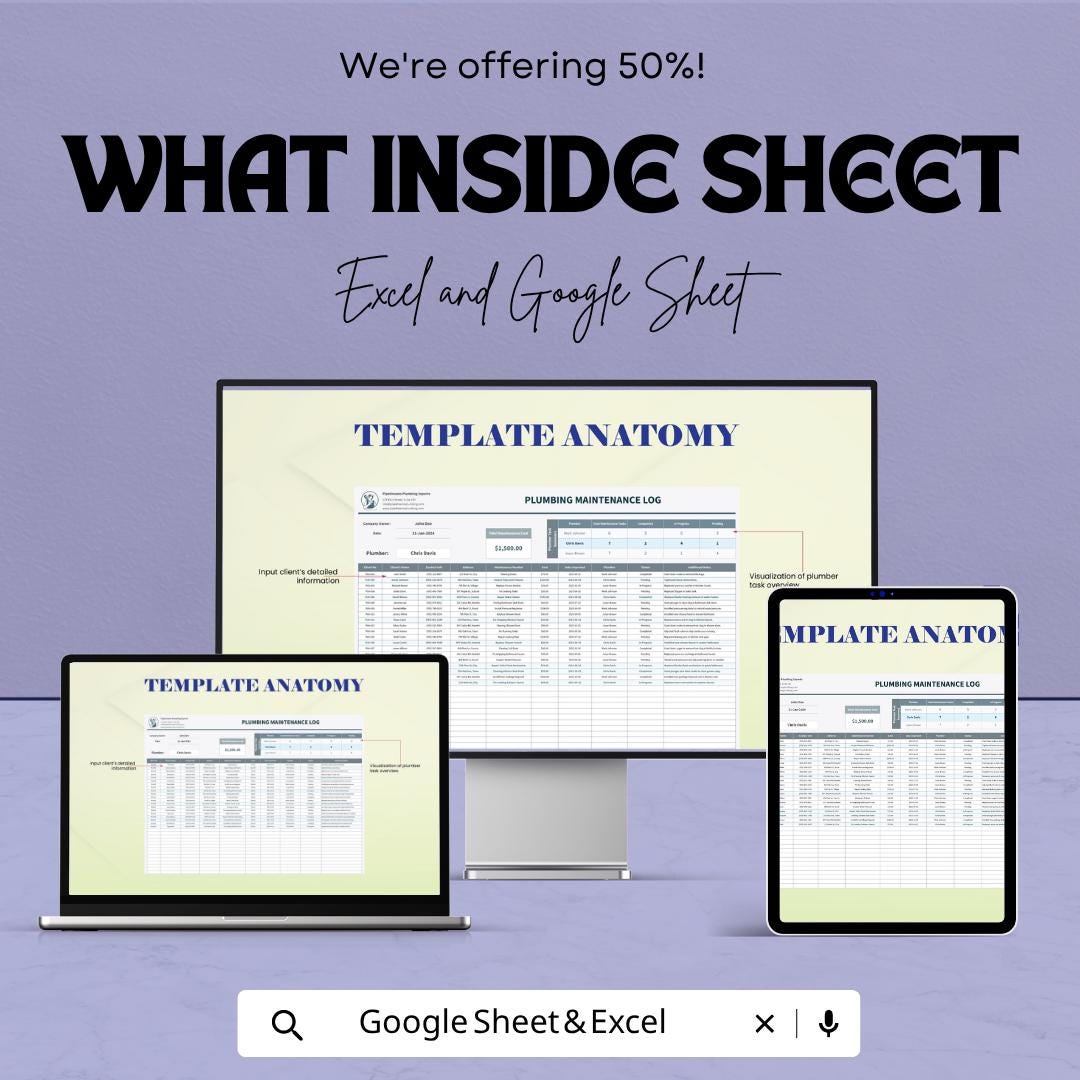 Plumbing Maintenance Log Template | Plumbing Service Tracker | Maintenance Spreadsheet Template | Excel & Google Sheets | Repair Log Sheet |