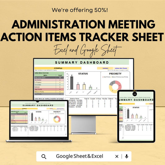 Administration Meeting Action Items Tracker Sheet | Action Item Tracker for Meetings | Task Management Spreadsheet | Meeting Planner