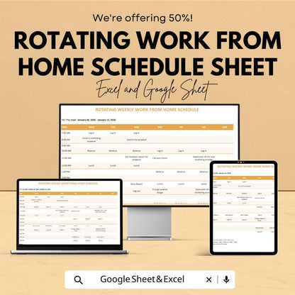 Rotating Work From Home Schedule Sheet - Excel & Google Sheets Template - Weekly Planner for Remote Work - 50% Off - Instant Download