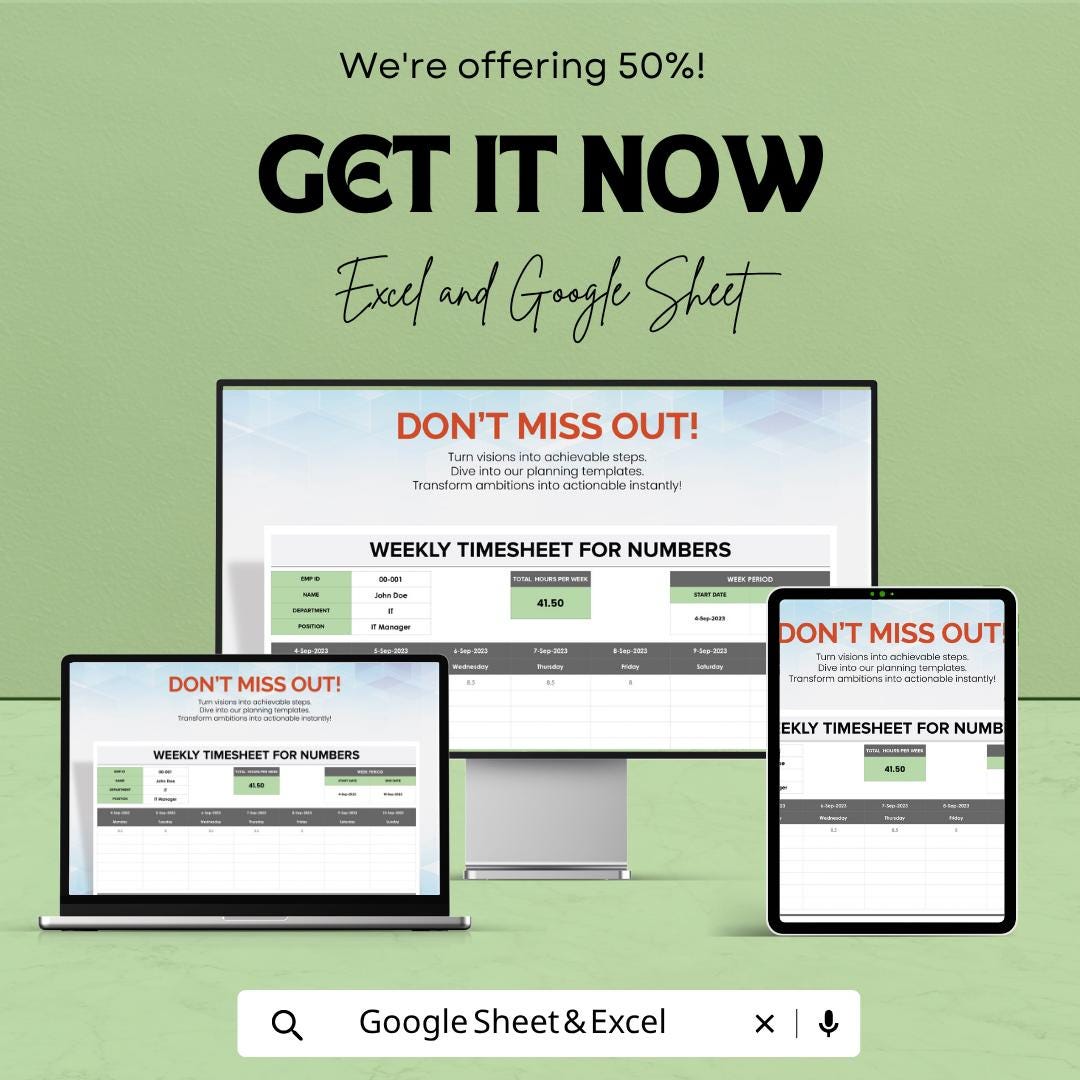 Weekly Timesheet Template for Numbers | Employee Timesheet Spreadsheet | Weekly Work Hours Tracker | Payroll Time Log Sheet