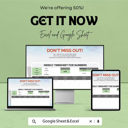 Weekly Timesheet Template for Numbers | Employee Timesheet Spreadsheet | Weekly Work Hours Tracker | Payroll Time Log Sheet