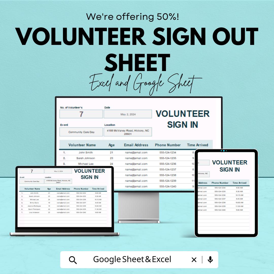 Volunteer Sign Out Sheet - Excel & Google Sheet Template for Tracking Volunteer Departures