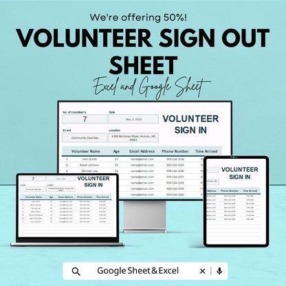 Volunteer Sign Out Sheet - Excel & Google Sheet Template for Tracking Volunteer Departures