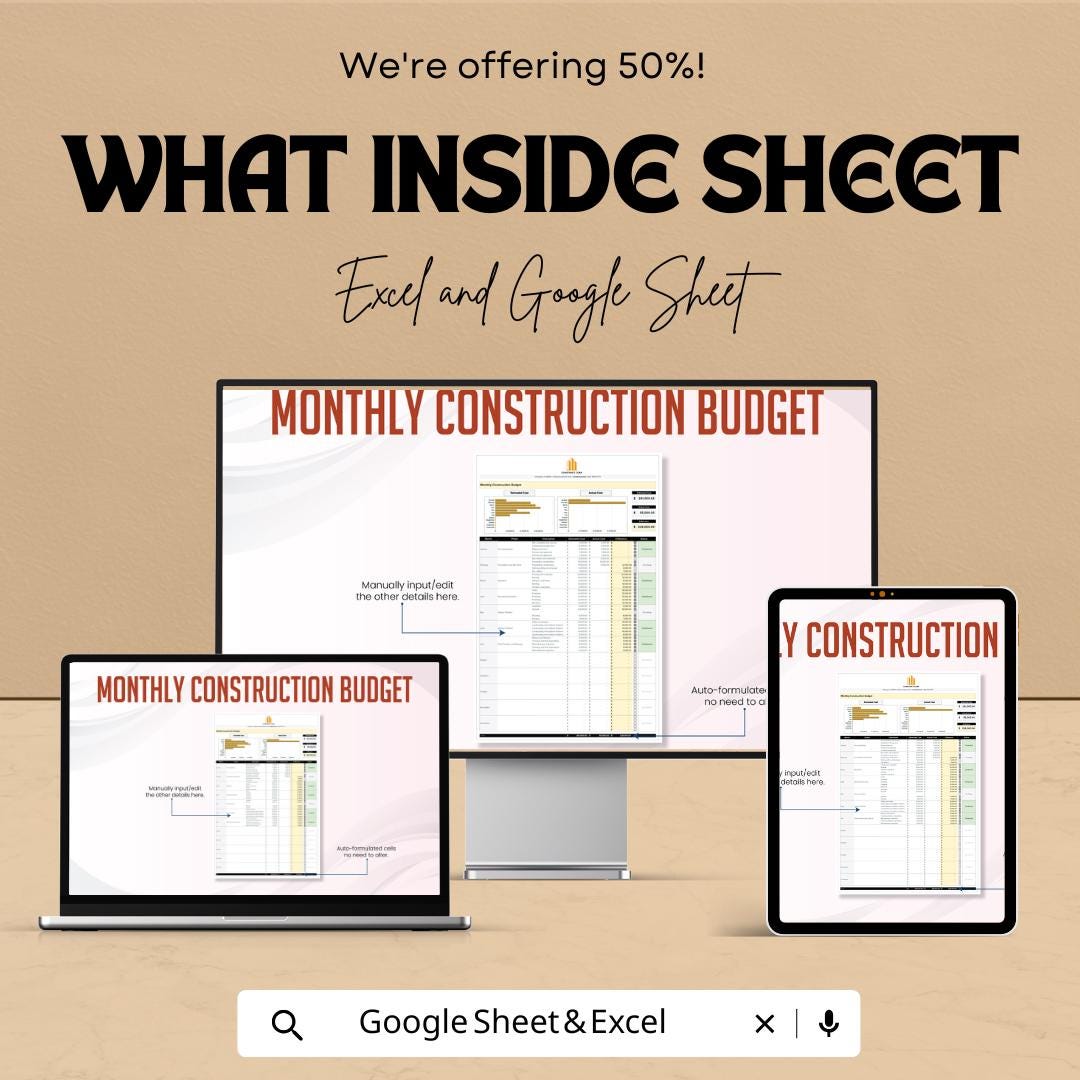 Monthly Construction Budget Template | Construction Budget Spreadsheet | Contractor Monthly Budget Planner